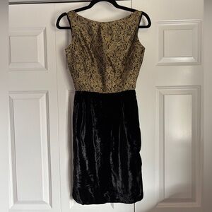 60s Vintage Elegant Black and Gold Sleeveless Velvet Dress
